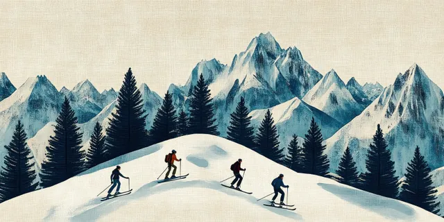 Four skiers trek uphill across a snowy slope with pine trees and dramatic mountain peaks in the background.