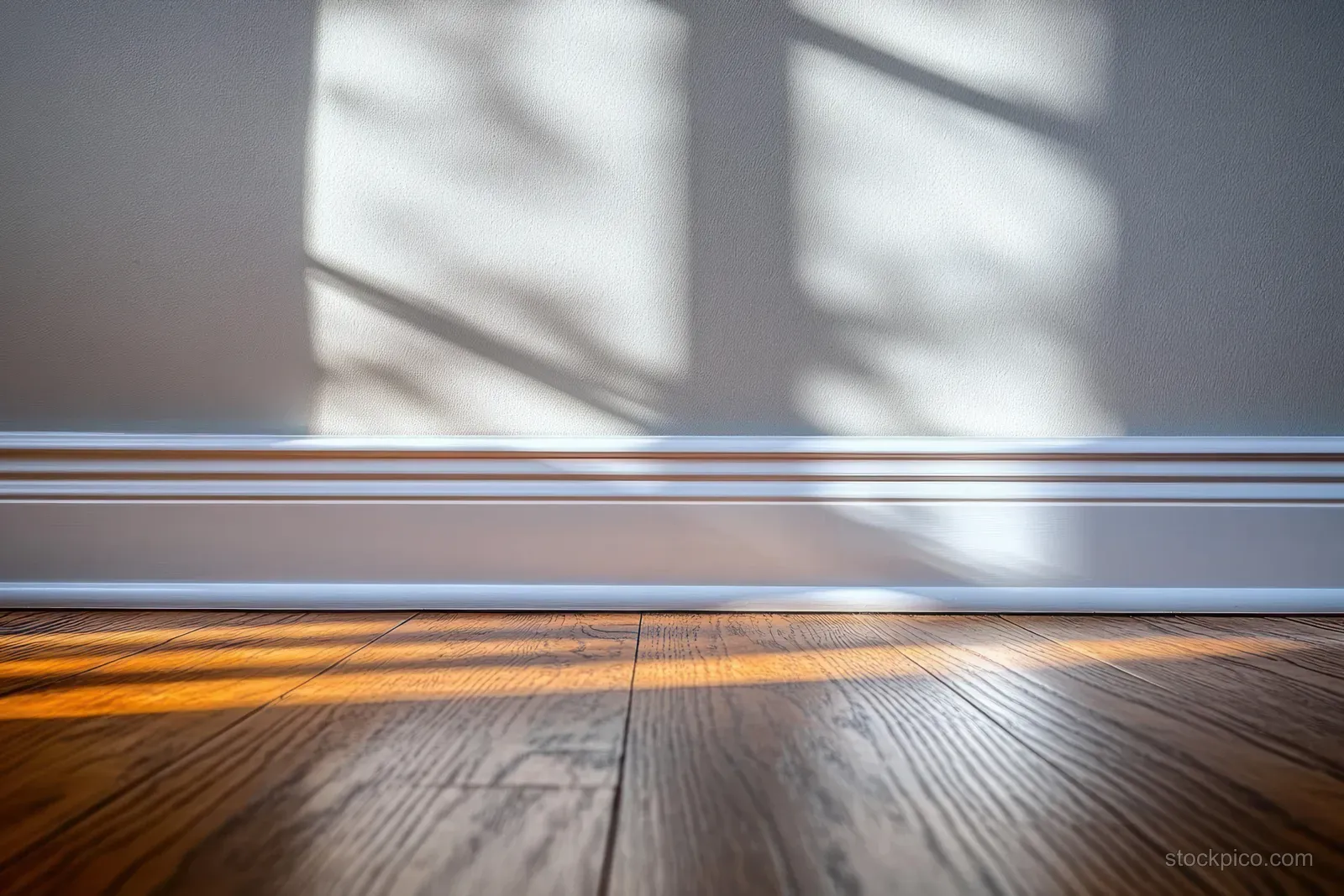 Soft sunbeams cast window shadow stripes on a white wall above a polished wooden floor and baseboard trim.