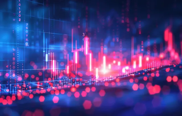 Red and blue trading graph with glowing candlesticks over a digital stock market backdrop
