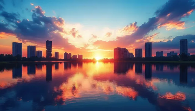 A city skyline at sunset reflects in calm water under vibrant clouds and a glowing horizon.