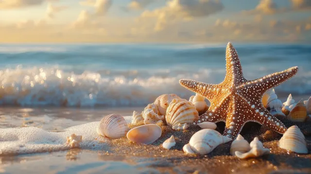Seashell Christmas tree on a sandy beach with starfish and shells during a glowing ocean sunset.