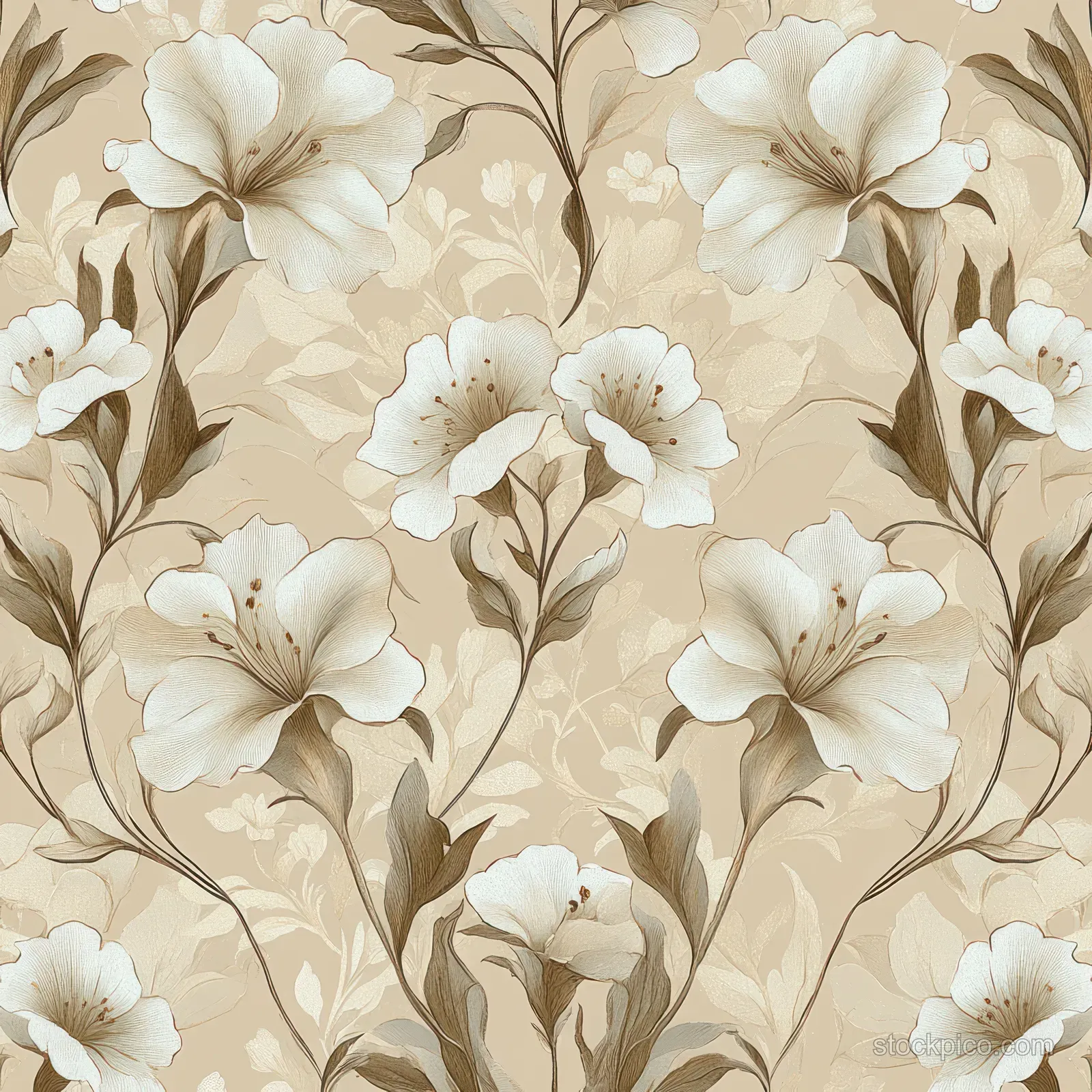 Cream lily flowers and curling leaves repeat across a beige seamless botanical pattern.