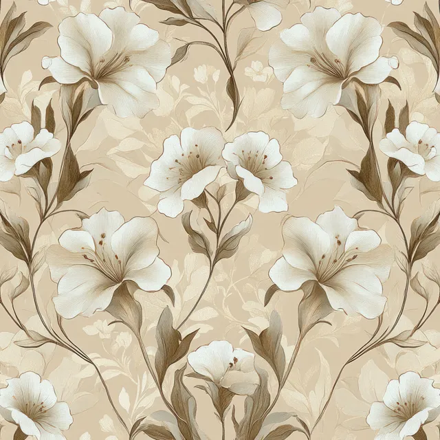 Cream lily flowers and curling leaves repeat across a beige seamless botanical pattern.