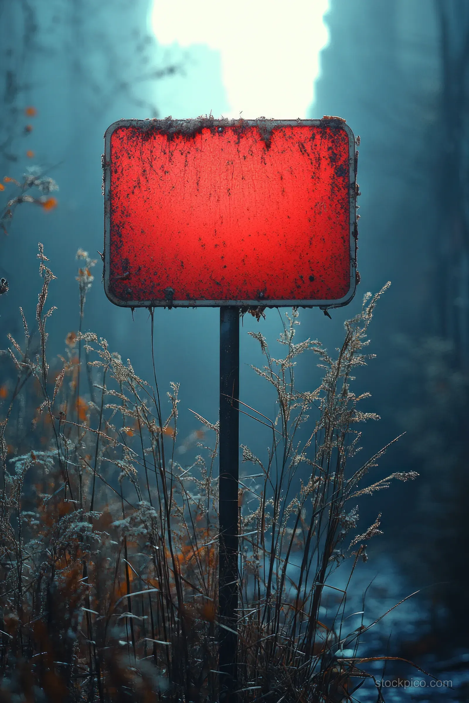 A red no entry sign is posted among wild grass with a misty residential street background.