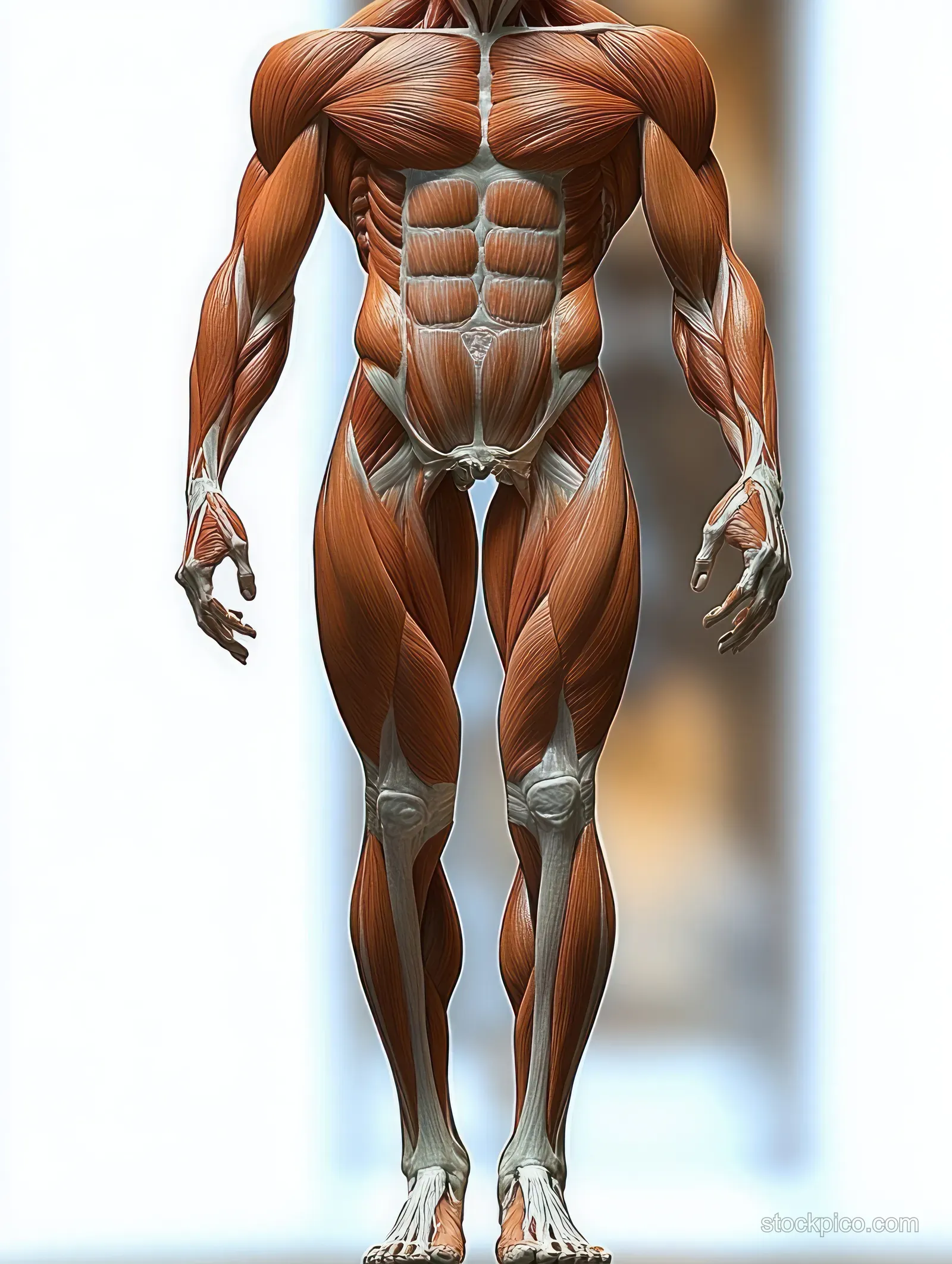 Front view anatomical illustration of a man’s legs with highlighted muscles, tendons, and knee joints on a white background.
