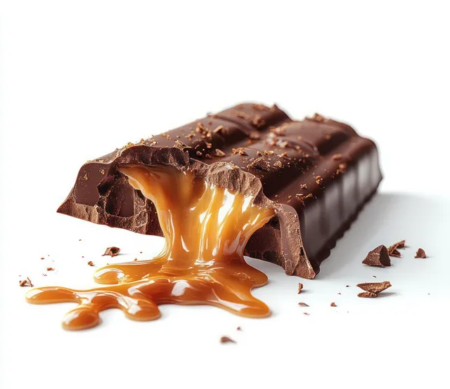 Broken chocolate bar on a white background with molten caramel spilling and small chocolate crumbs around it.
