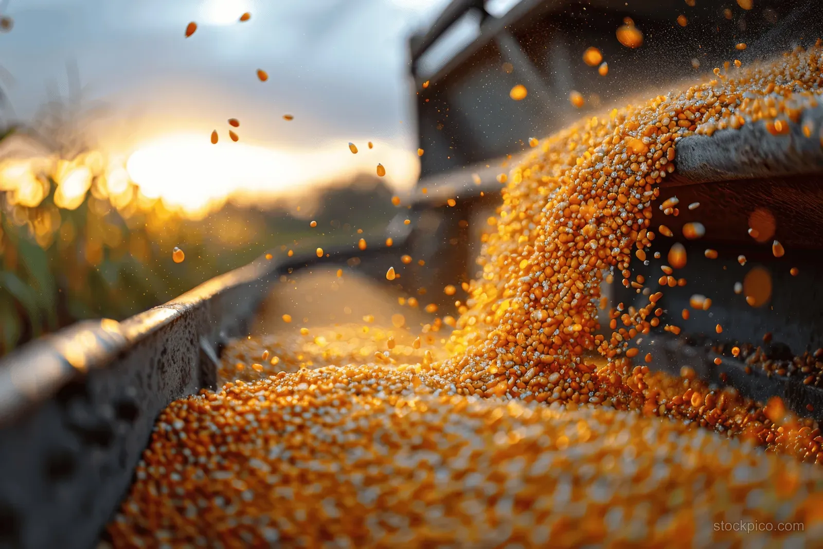 Maize seeds pour from a harvester chute into a trailer beside a sunlit cornfield.