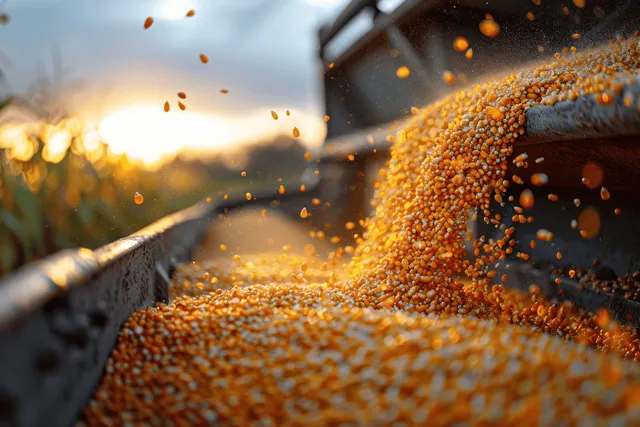 Maize seeds pour from a harvester chute into a trailer beside a sunlit cornfield.
