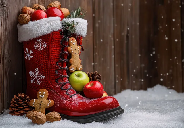 A red Christmas boot on snow holds apples, gingerbread cookies, and nuts next to a wooden fence.