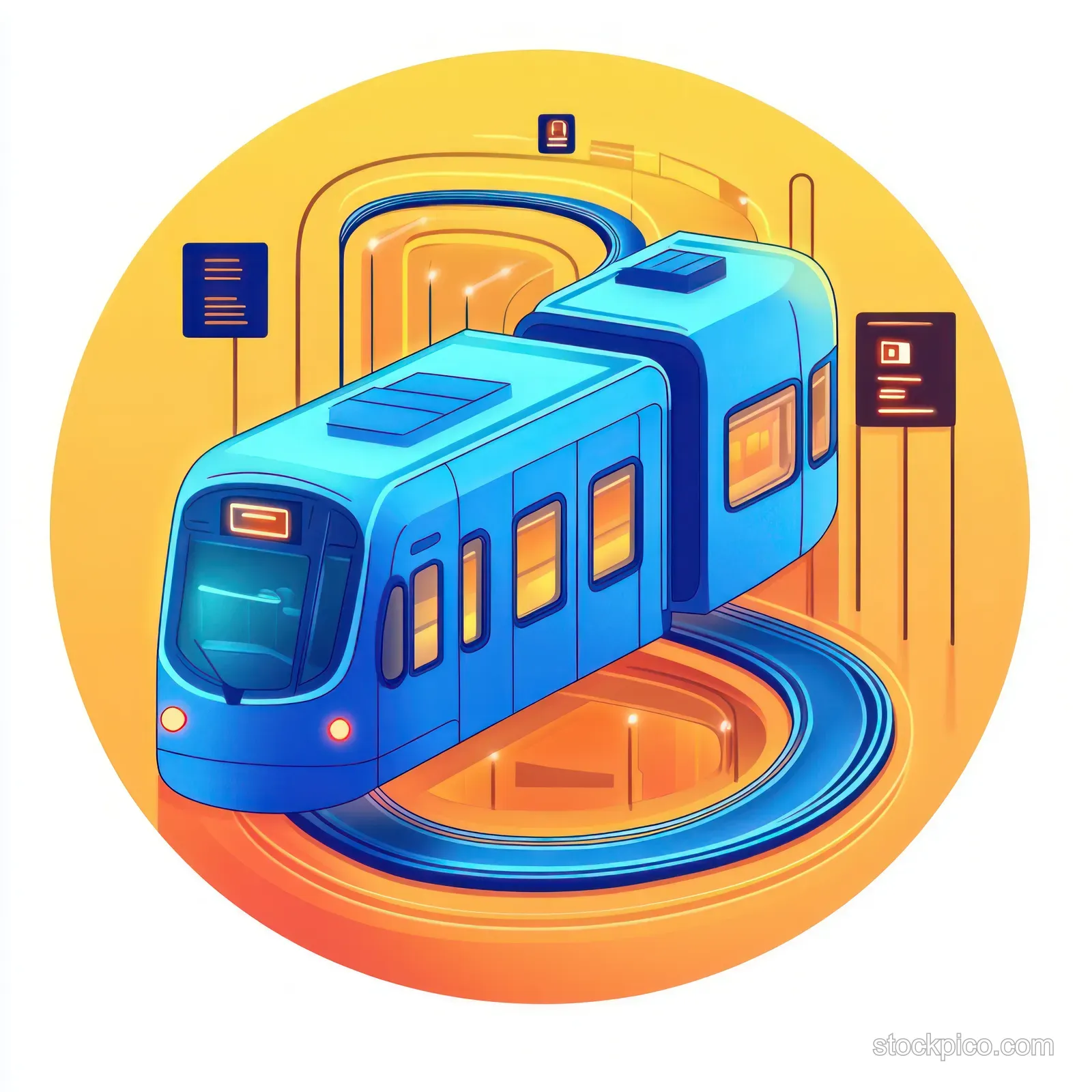 A bright blue train rounds a curved track near station signs against a warm orange background.