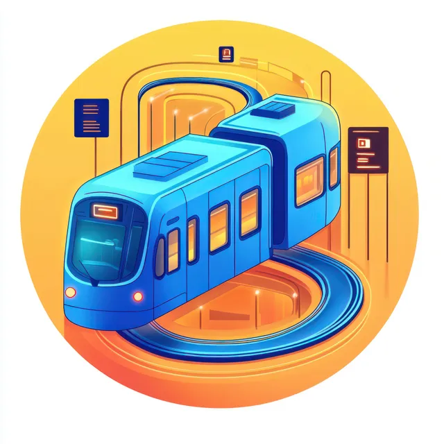 Bright blue train rounding a curved track near station signs with warm orange glow