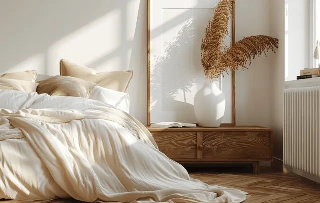 Sunlit boho bedroom with a wooden bed, beige pillows, and a textured wall art piece near a radiator.