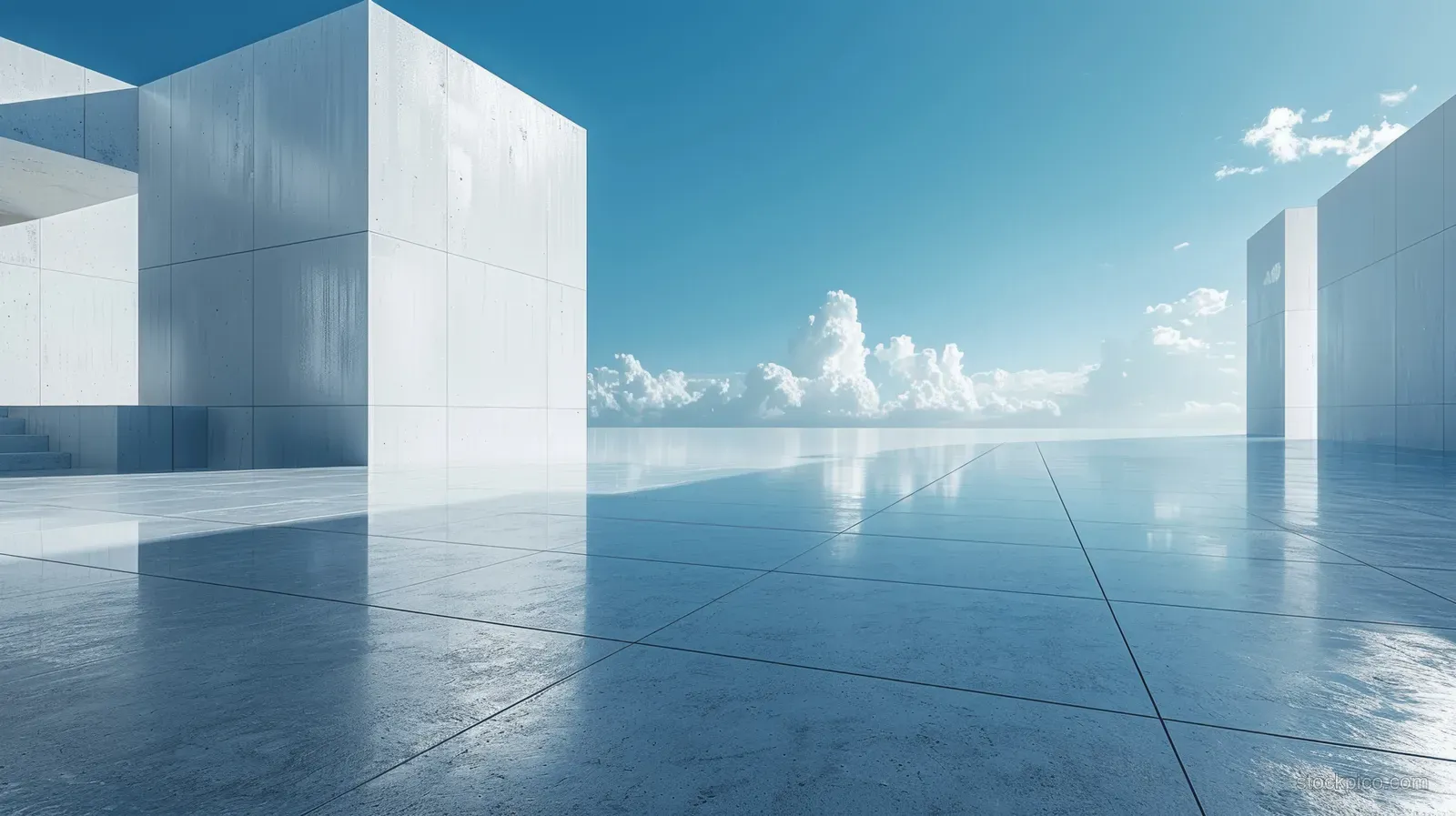 White minimal square architecture blocks stand on a blue concrete floor under a clear sky with visible shadows.