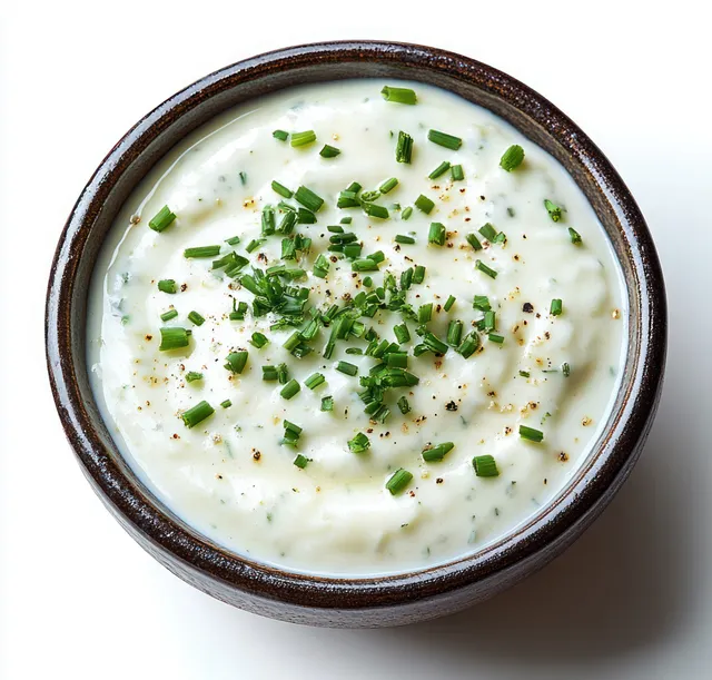 Creamy white sauce in a brown ceramic bowl topped with chopped green herbs on a white background.