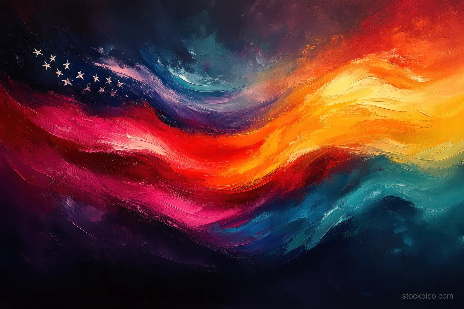 American flag shapes ripple through a vivid sunset sky in an abstract Veterans Day tribute poster.