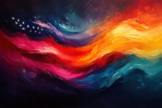 American flag shapes ripple through a vivid sunset sky in an abstract Veterans Day tribute poster.