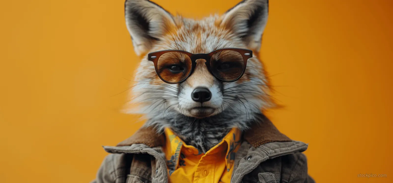 A stylish fox wearing sunglasses and a brown jacket poses in front of a bright orange background.