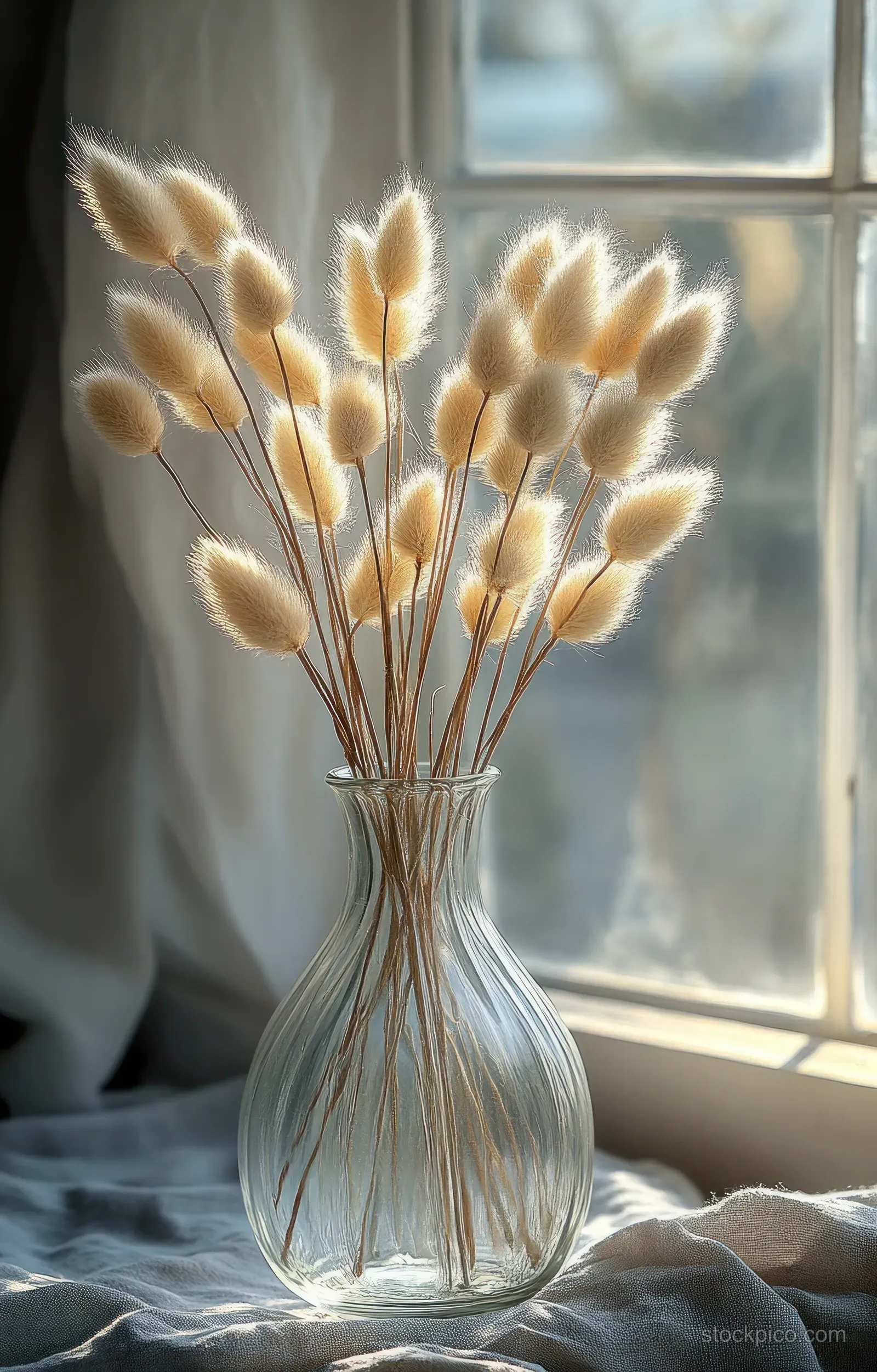 Dried grass stems in a clear glass vase sit by a window, casting soft daylight shadows.