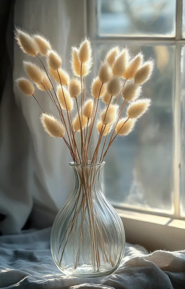 Minimal dried grass stems in clear glass vase by window with soft daylight and gentle shadows