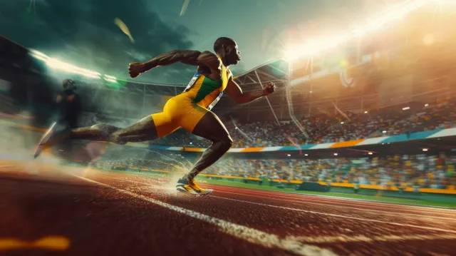 A Jamaican sprinter bursts forward on a lit stadium track during a 200m race.