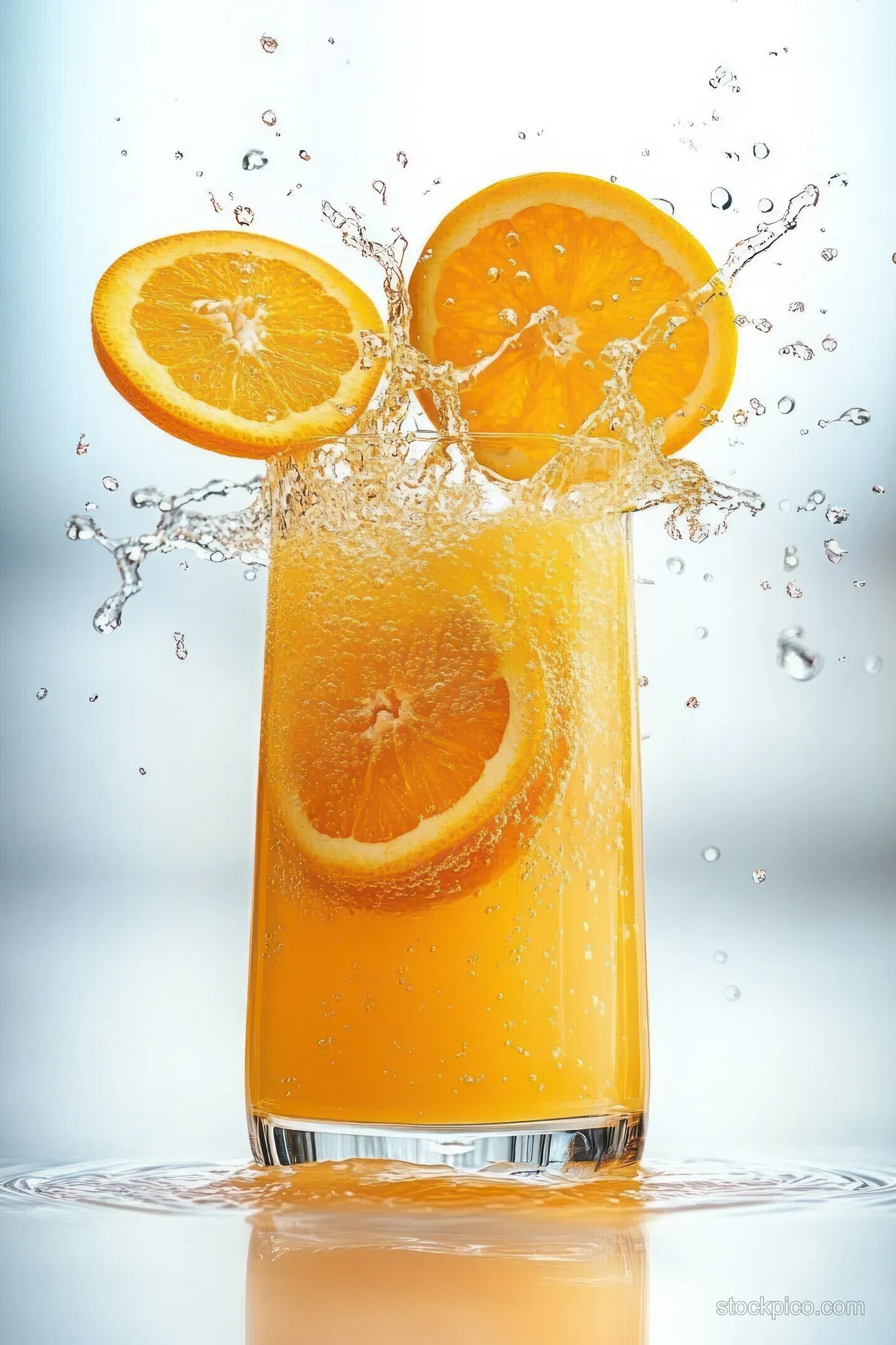 Orange juice splashes from a glass with floating orange slices and droplets on a white background.