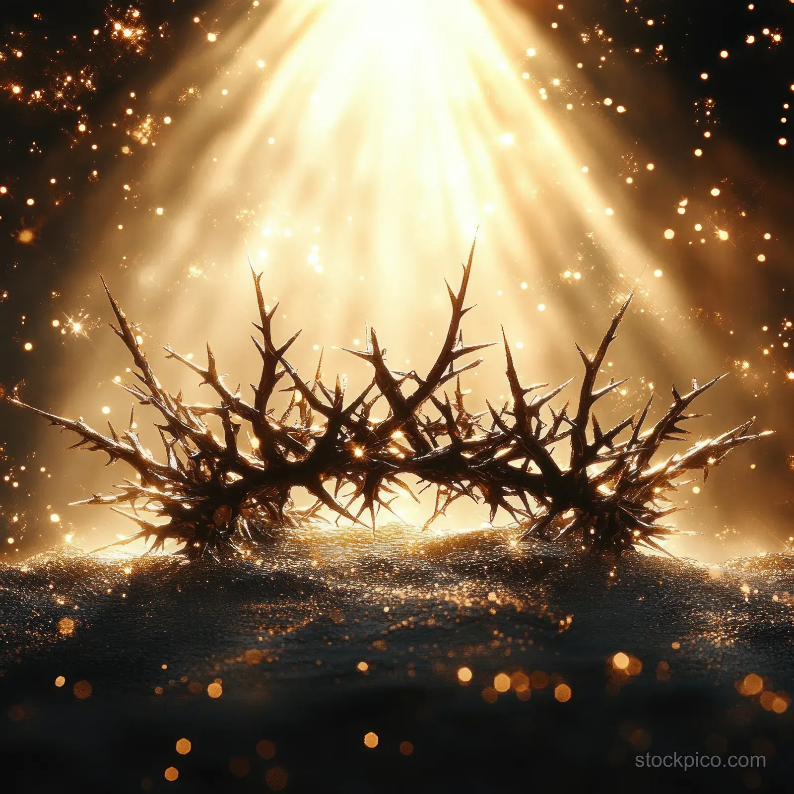 A thorny crown rests on dark ground with golden resurrection light and sparkling dust behind it.