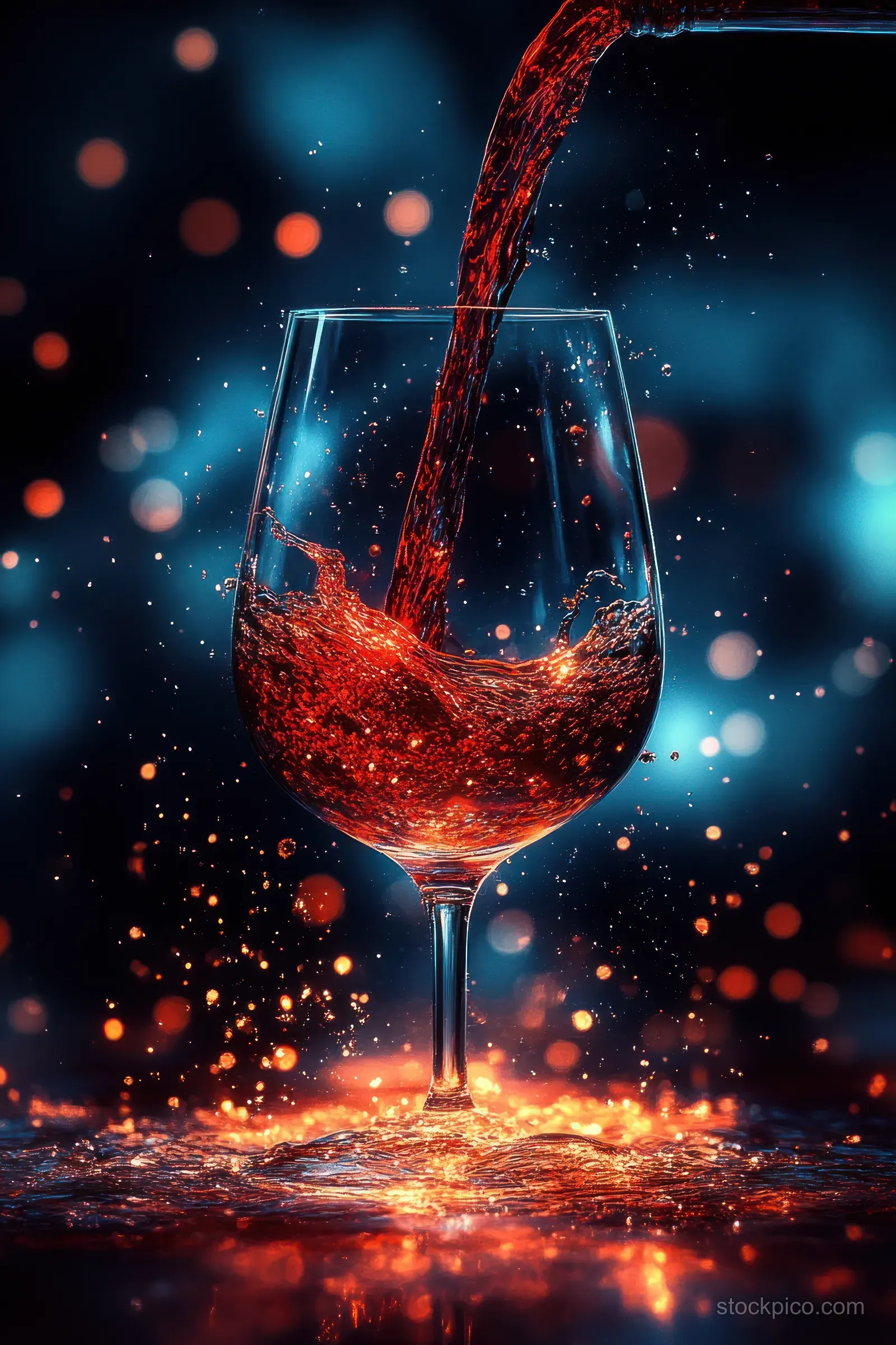 Red liquid pours into a clear wine glass, creating splashes and glowing bokeh lights on a dark background.