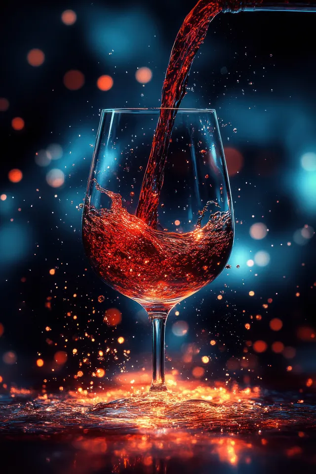 Red liquid pours into a clear wine glass, creating splashes and glowing bokeh lights on a dark background.