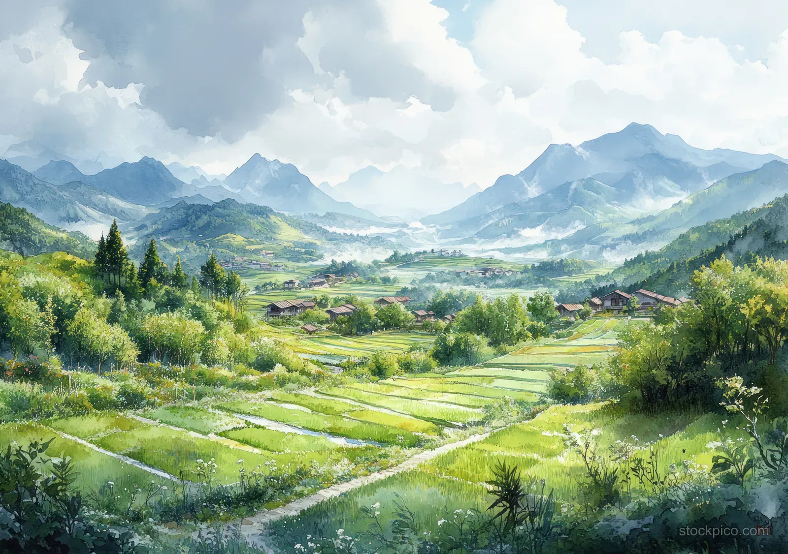 Snowy winter hills with terraced fields and a winding stream stretch across a layered mountain valley beneath clouds.