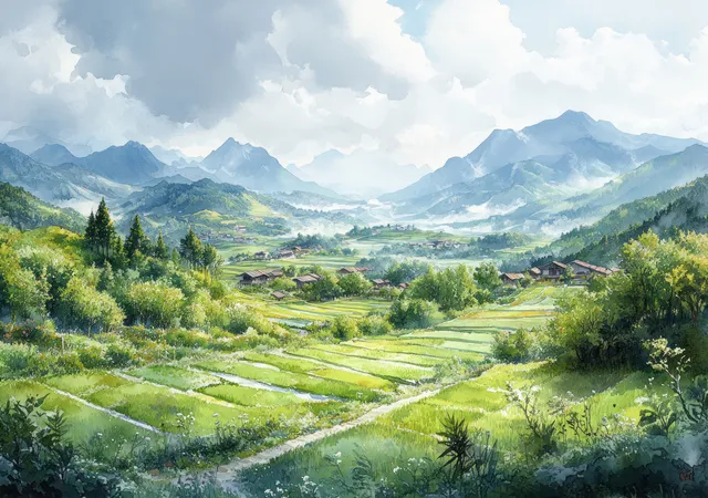 Snowy winter hills with terraced fields and a winding stream stretch across a layered mountain valley beneath clouds.