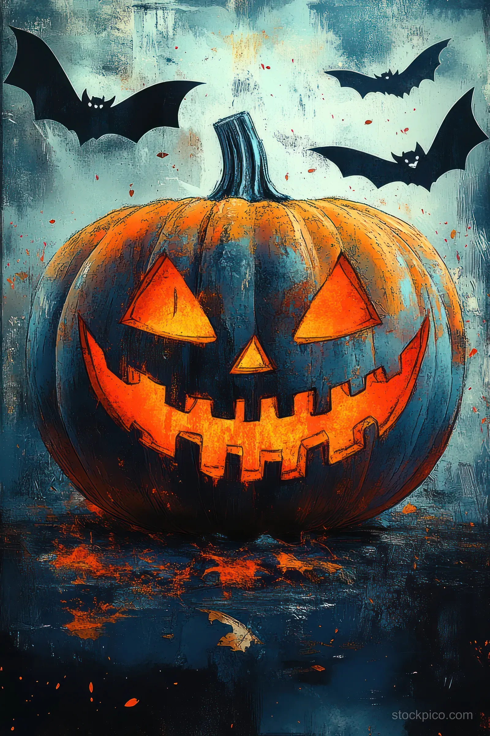 A glowing jack-o'-lantern sits in foggy moonlight while black bats fly around it on a dark Halloween background.