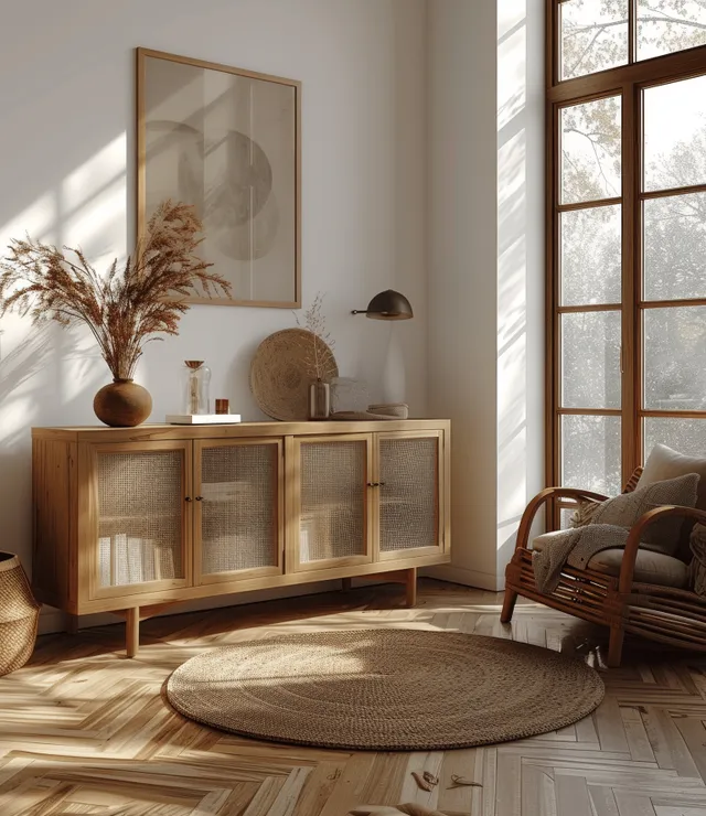 Bohemian living room interior with rattan armchair, natural wooden cabinet, round woven rug, and sunlit windows.