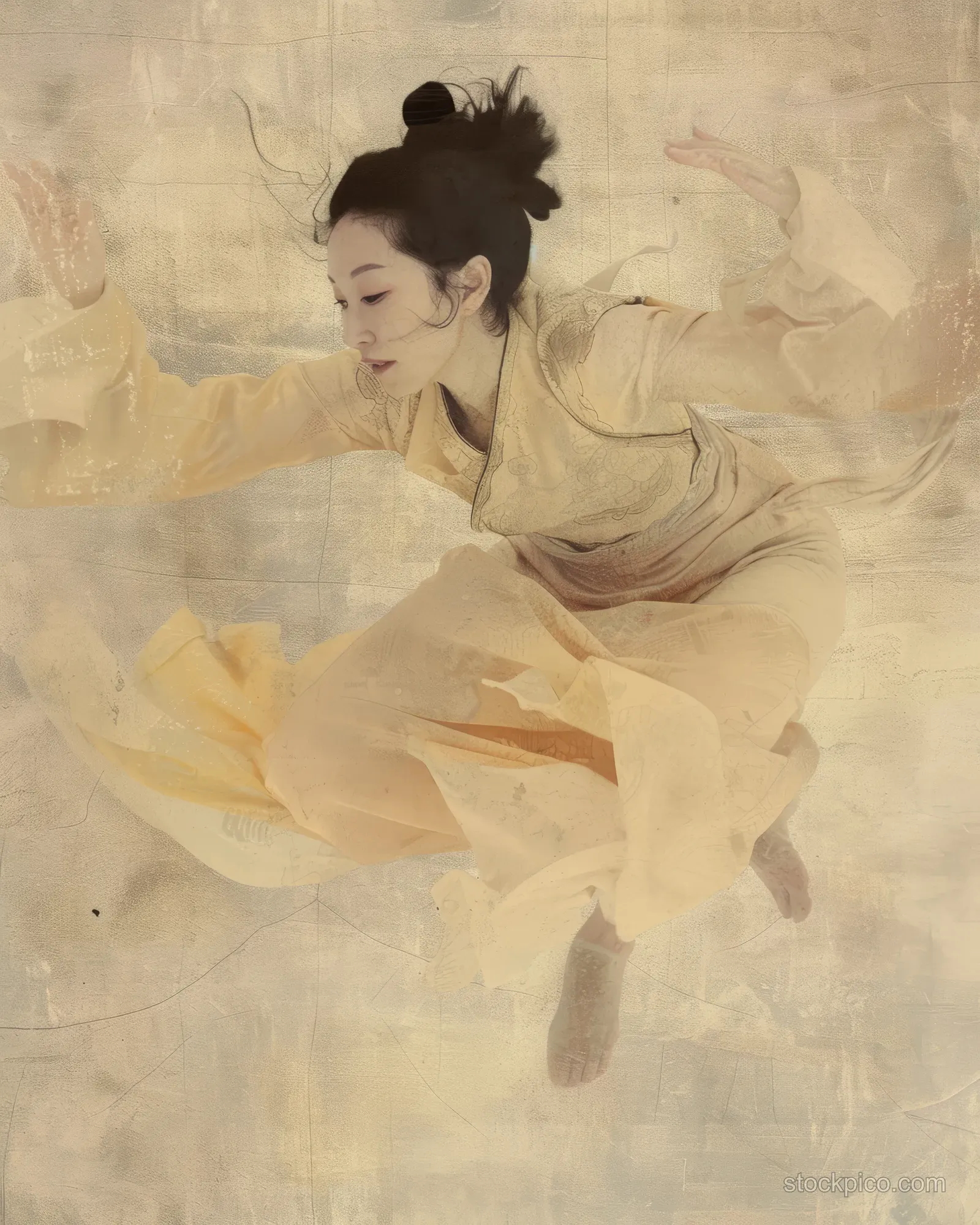 A focused Chinese woman is captured mid-air on a trampoline with flowing pastel motion trails behind her.