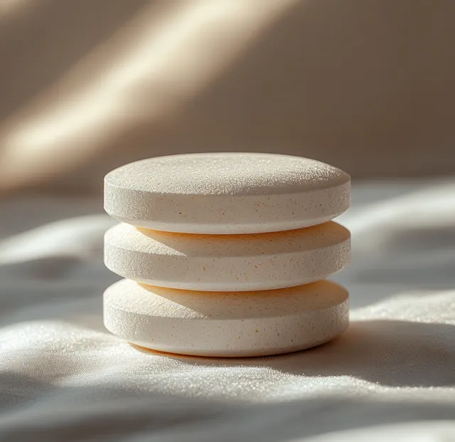 Closeup of three round effervescent multivitamin tablets stacked on white backdrop with Nutrition And Wellness