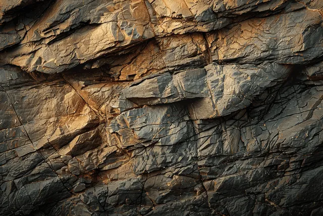 Rough dark red granite rock wall with cracked striations and jagged texture close-up