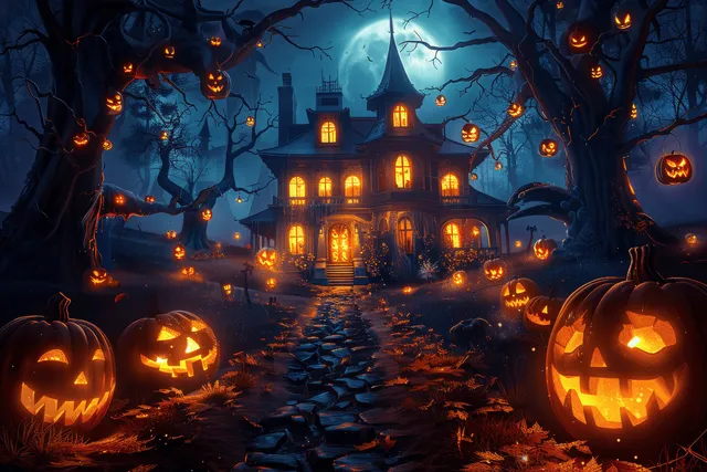 A haunted house glows with jack-o-lanterns and orange windows while twisted trees and carved pumpkins frame a full-moon night scene.