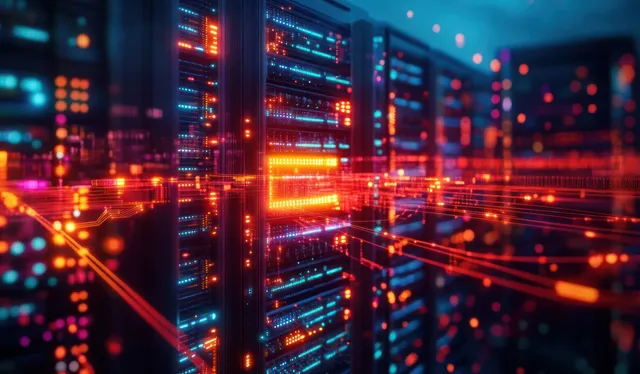 Neon-lit server racks and a network switch with glowing cables and animated data-flow lines in a dark data center.