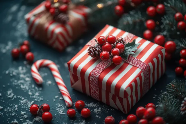 Wrapped striped gift box tied with ribbon surrounded by candy canes and red berries on dark blue background.