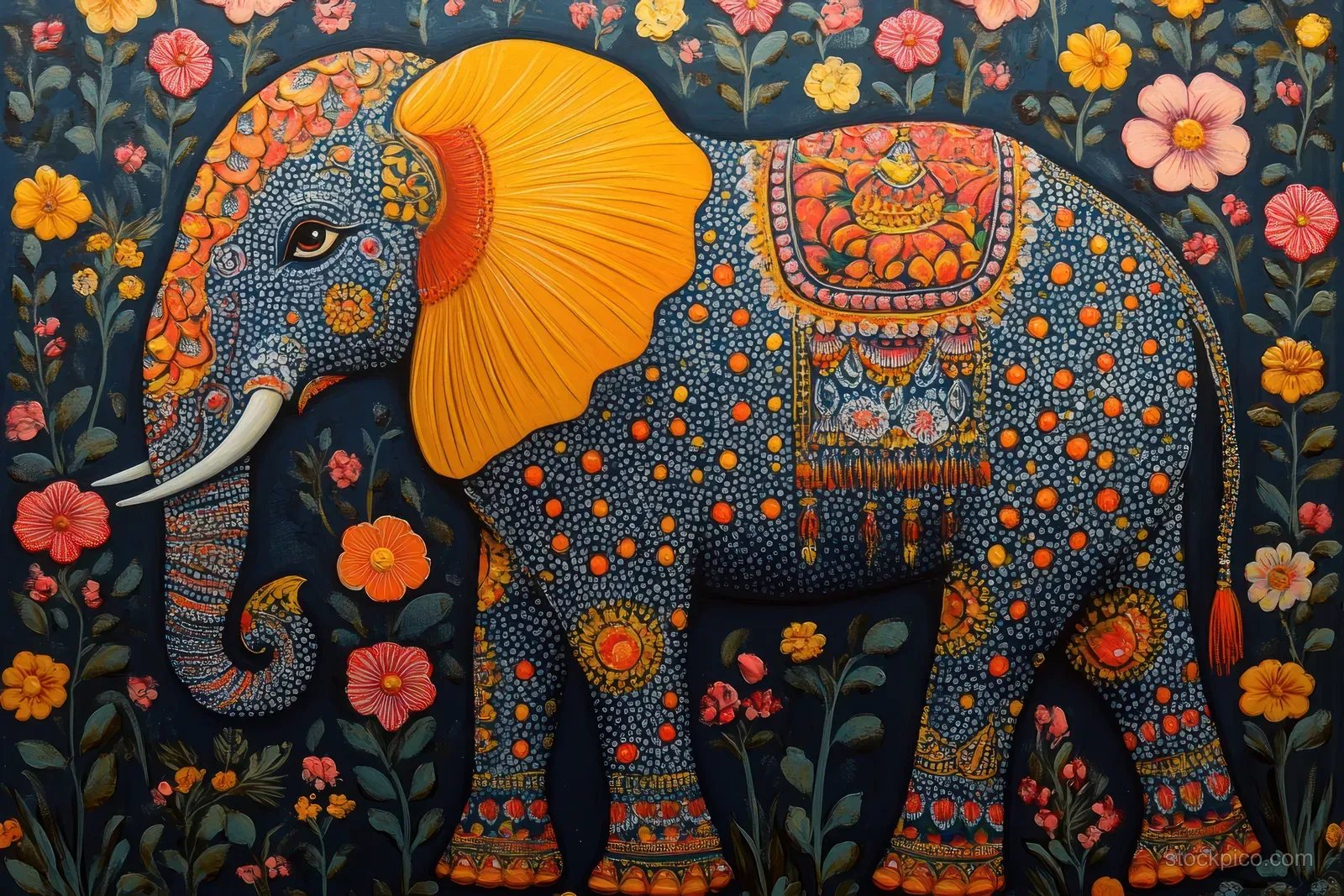 Colorful Madhubani elephant painting framed by a flower arch with intricate orange and dot patterns.