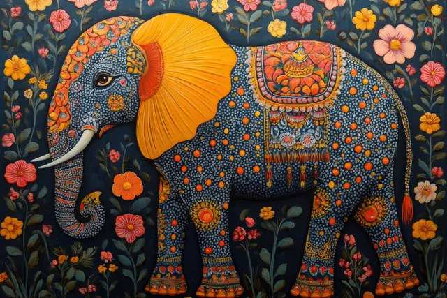 Colorful Madhubani elephant painting framed by a flower arch with intricate orange and dot patterns.