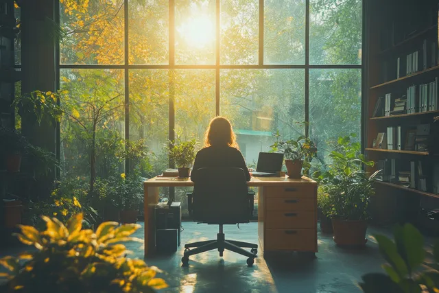 A businessman works at a desk with a laptop in a sunlit office surrounded by potted plants near large windows.