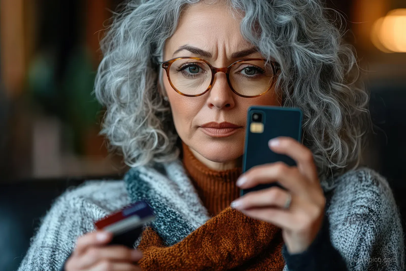 Mature woman with gray curly hair and glasses holds a credit card and checks her smartphone indoors.