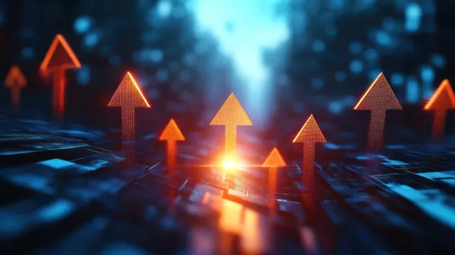 Glowing orange upward arrows rise along a dark blurred financial city background, suggesting business growth.
