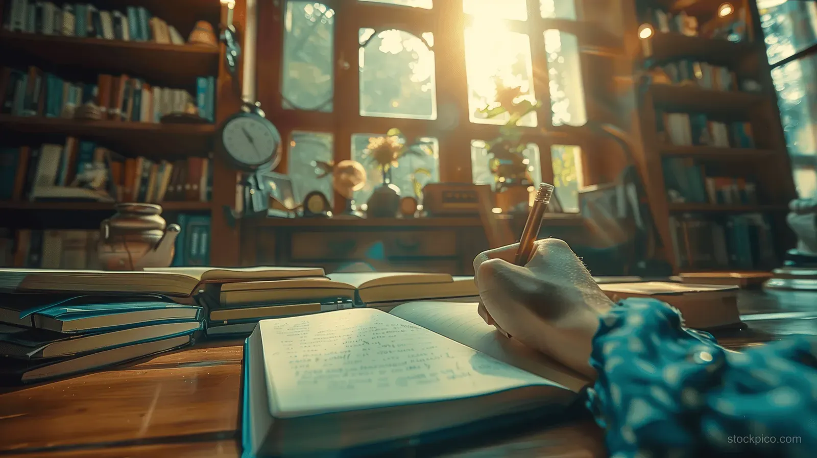 Hand writing in an open notebook on a library desk with sunlight streaming through windows behind books.