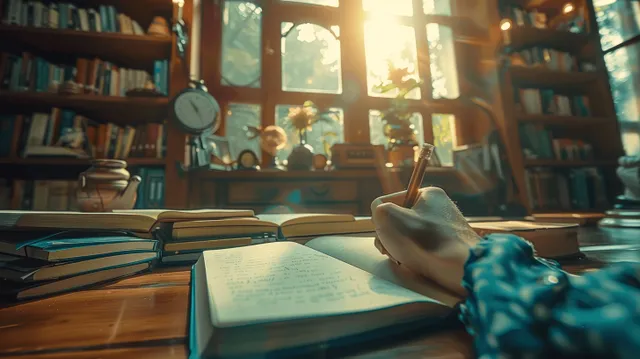 Hand writing in an open notebook on a library desk with sunlight streaming through windows behind books.