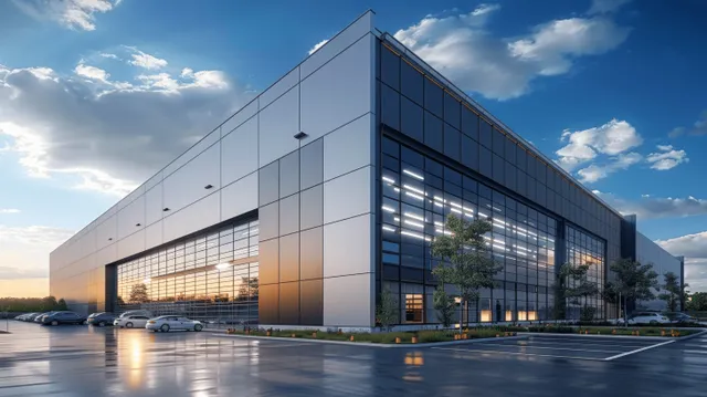 Modern logistics warehouse with parked vehicles and glass facade under blue sky