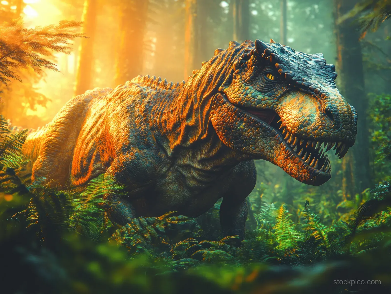A horned Pachyrhinosaurus walks through a misty prehistoric forest, lit by golden sunlight beams.