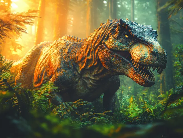 Pachyrhinosaurus ceratopsid dinosaur grazing in misty prehistoric forest at golden sunbeam