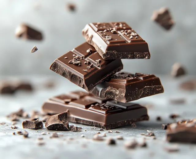 Dark chocolate bars melting and dripping with jagged broken pieces on white backdrop