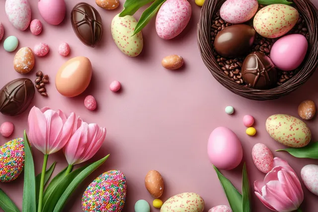 Decorated chocolate eggs, pink tulips, and a chocolate nest basket arranged on a pastel pink background with scattered candy.